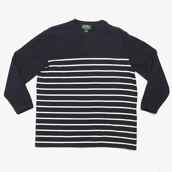 LRL Lauren Navy Stripe Sweatshirt Sz Small Crewneck Shoulder Button 3/4 Sleeve - Picture 1 of 5